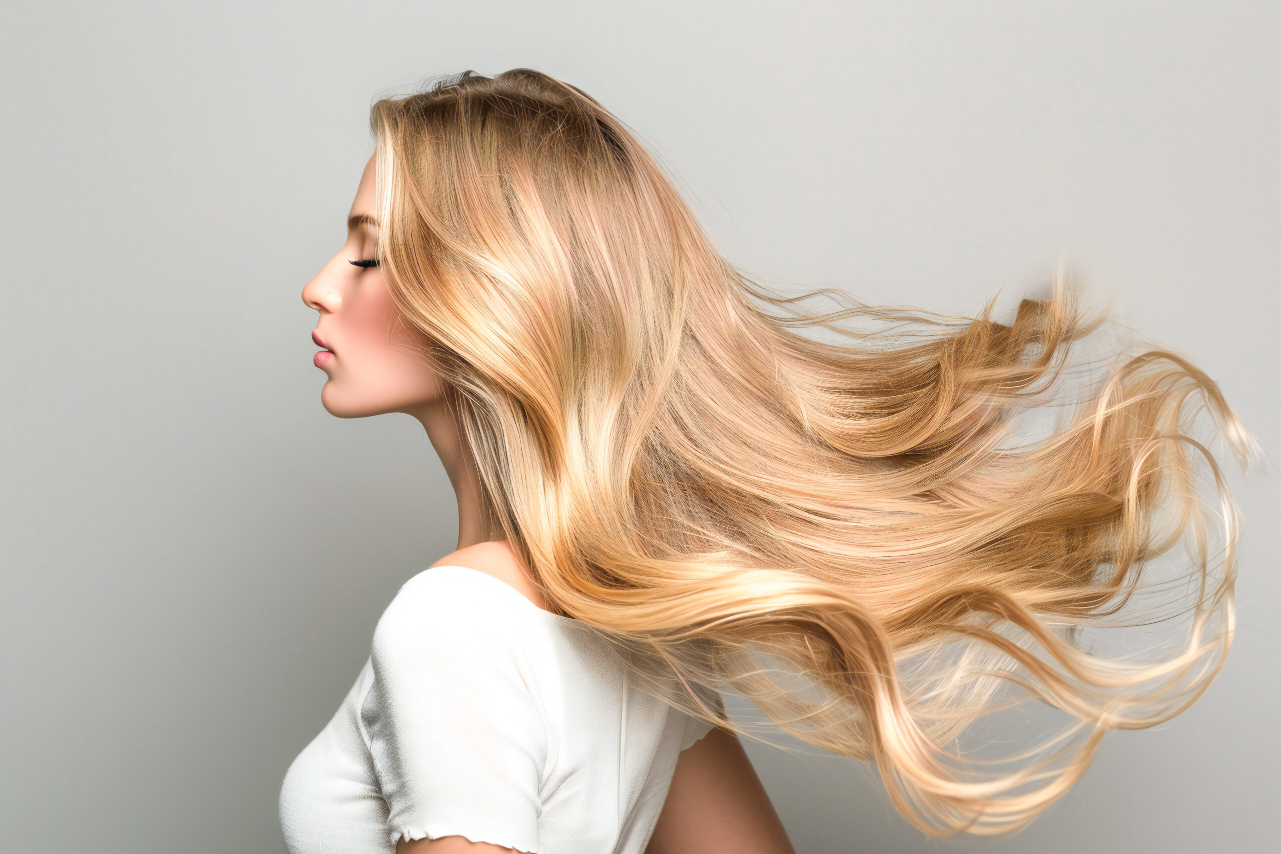 Beautiful blonde girl hair after hair coloring in the salon, shiny locks of hair and new hairstyle Transition to Natural Hair